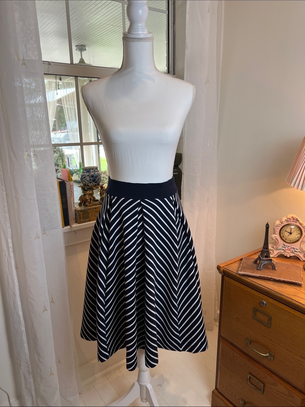 Philosophy republic Co. Navy blue and White Striped Circle Skirt size small.